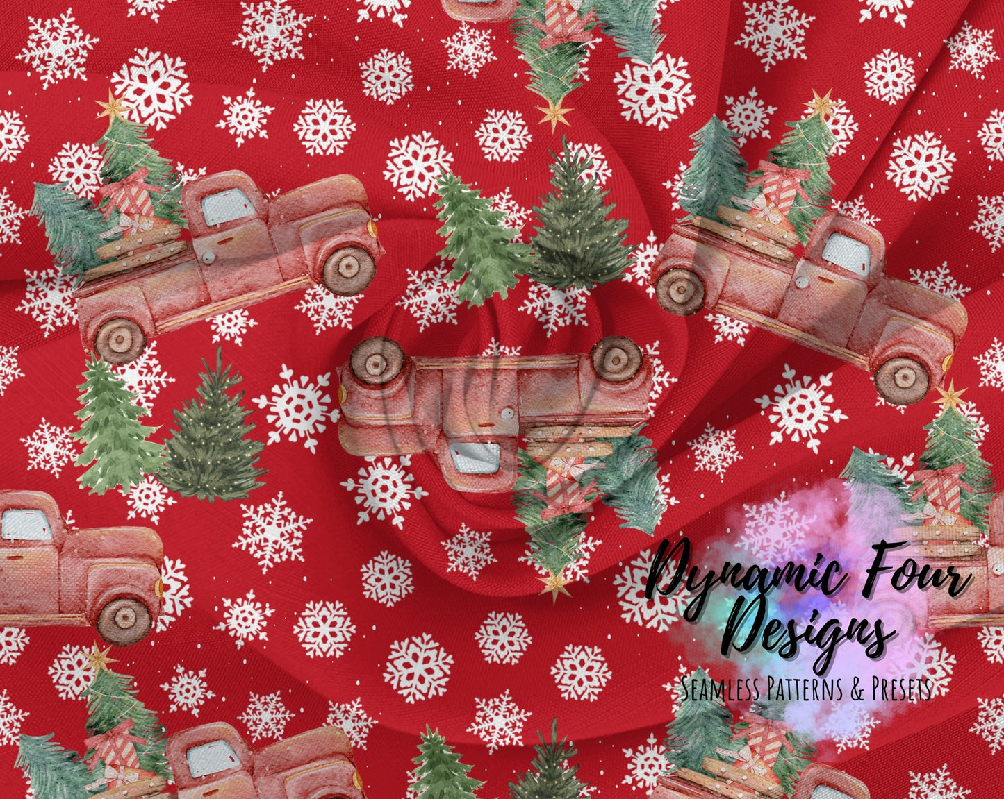 Red Trucks with Snowflakes Seamless Pattern File